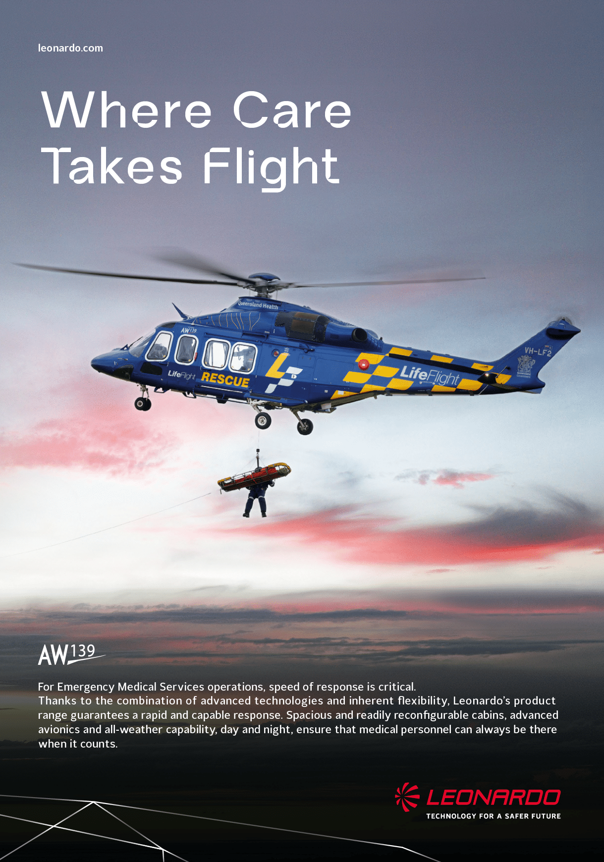 A rescue helicopter hovers in the sky at sunset while lowering a person on a stretcher by a cable. Description generated by AI