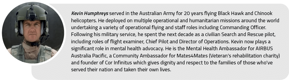 Kevin Humphreys served in the Australian Army for 20 years flying Black Hawk and Chinook helicopters. He deployed on ...
