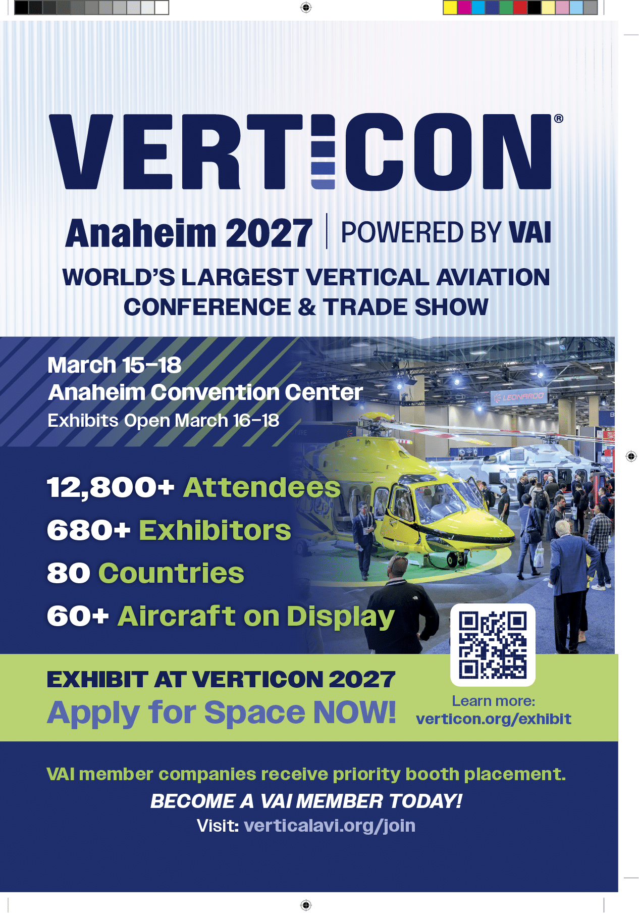 Promotional flyer for VertiCon Anaheim 2027, a vertical aviation conference and trade show featuring a helicopter display and attendees at a convention center. Description generated by AI