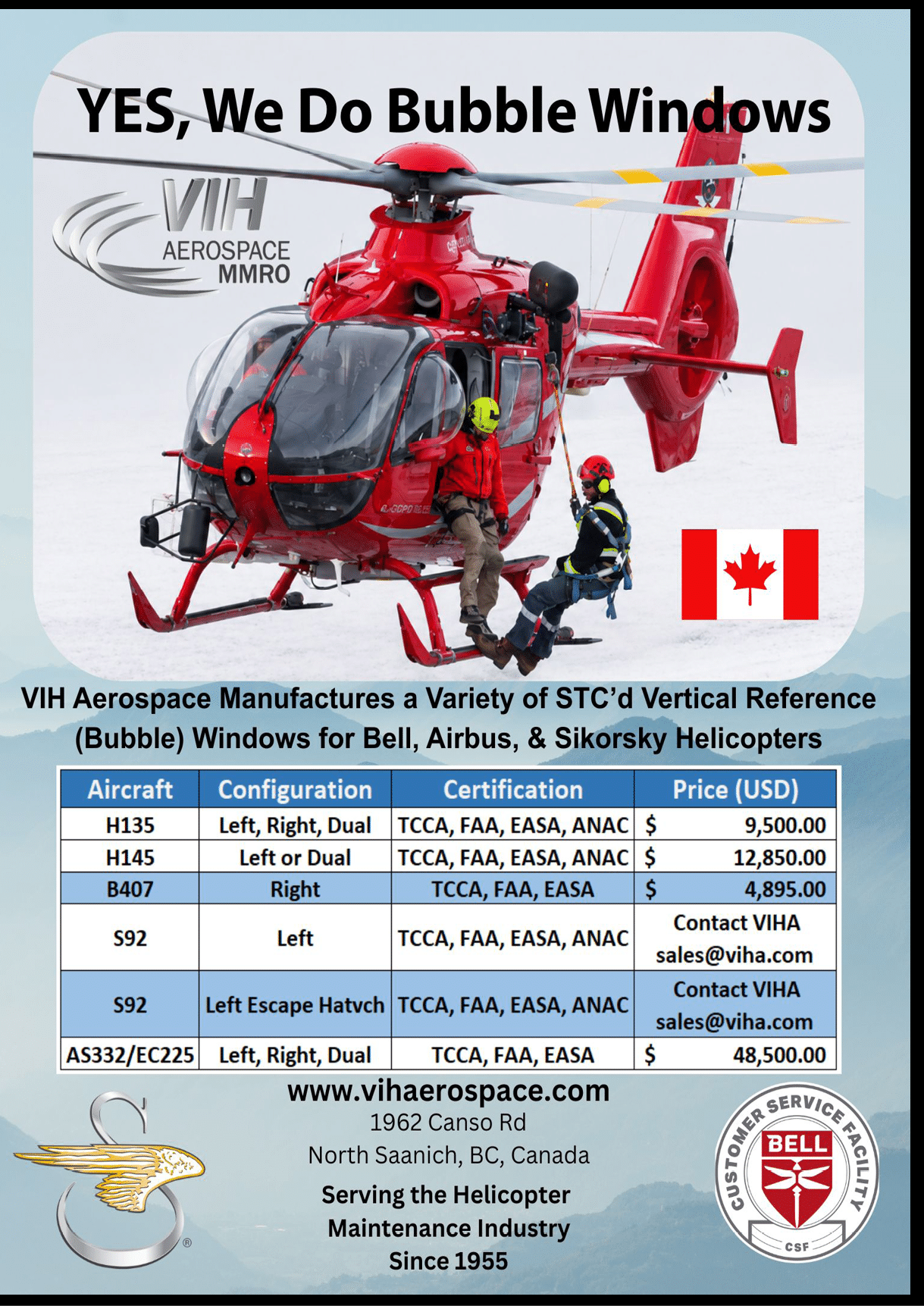 A red and white helicopter with a Canadian flag on it. Description generated by AI