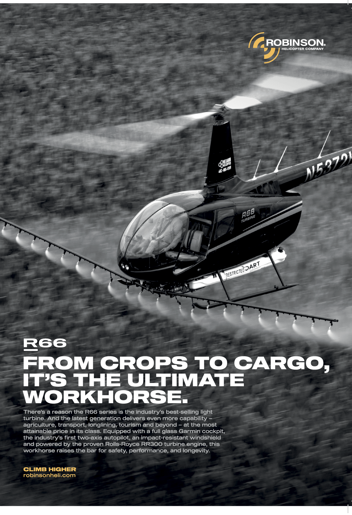 A helicopter equipped with a spray boom is flying over a field, promoting its use for both crop spraying and cargo transport with emphasis on durability and performance. Description generated by AI