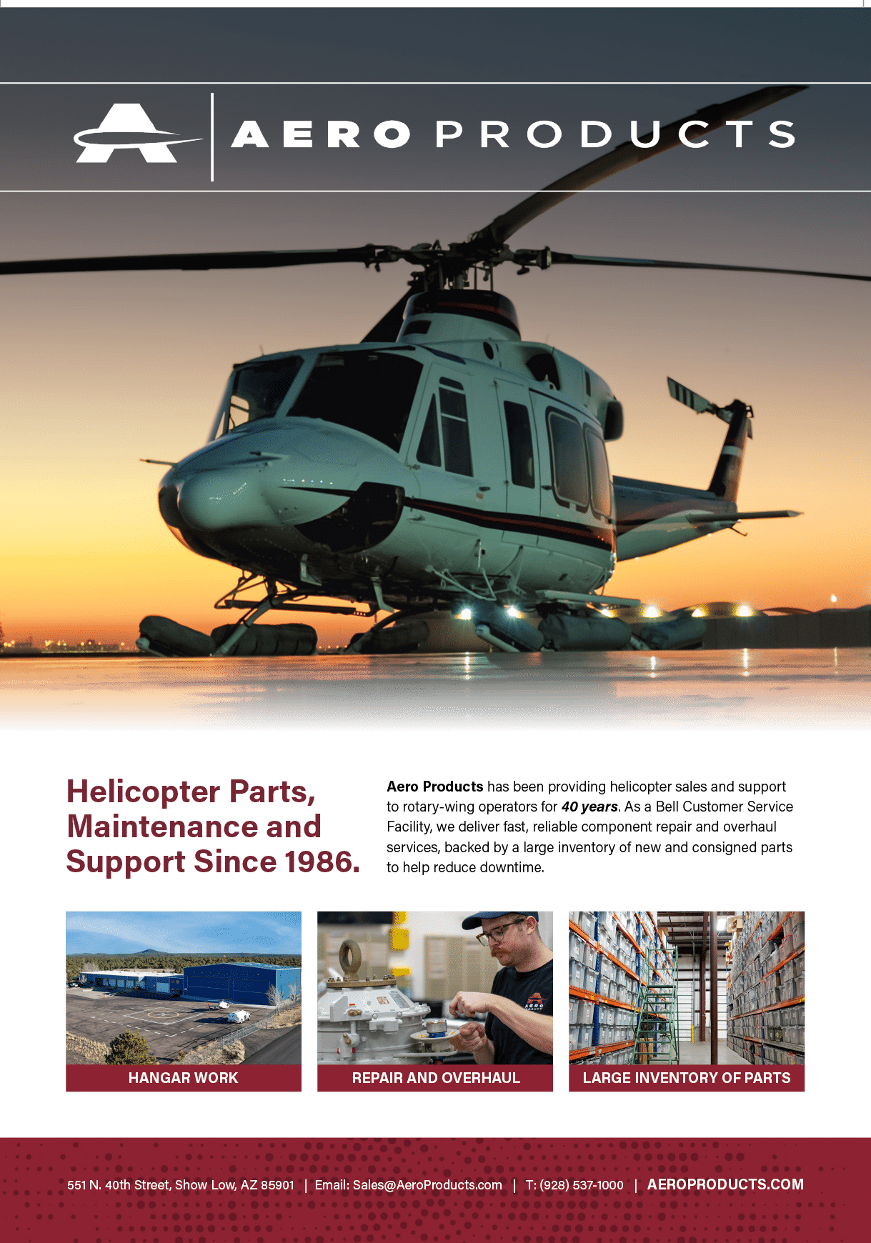A poster advertising helicopter parts and maintenance services. AI generated content