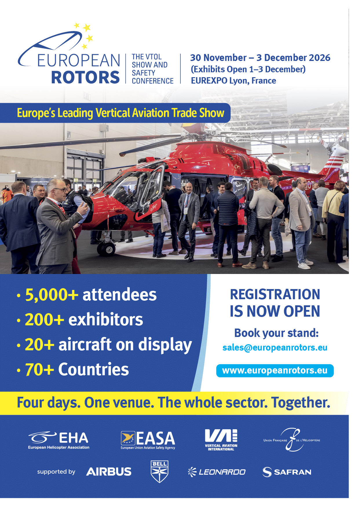 Adults in business attire are gathered around a red helicopter at a trade show promoting European vertical aviation with information about the event and registration details displayed above and below the scene. Description generated by AI