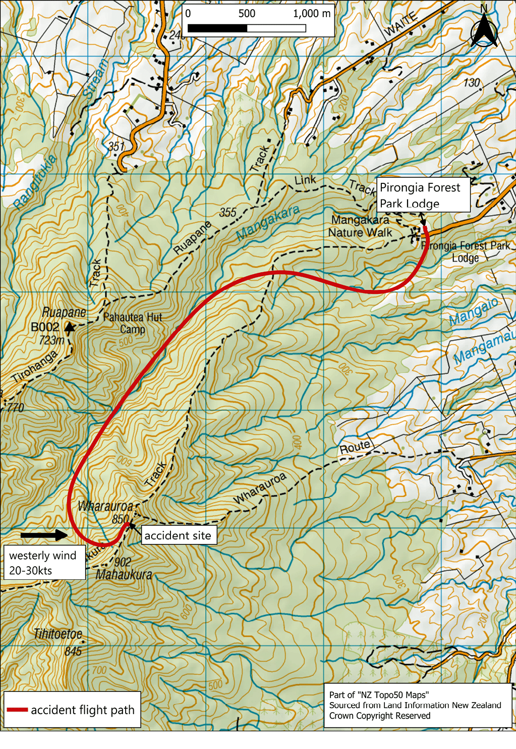A topographic map showing trails, contour lines, and landmarks including Pirongia Forest Park Lodge, Mangakara Nature Walk, and Pahautea Hut Camp with a scale bar indicating distances. Description generated by AI
