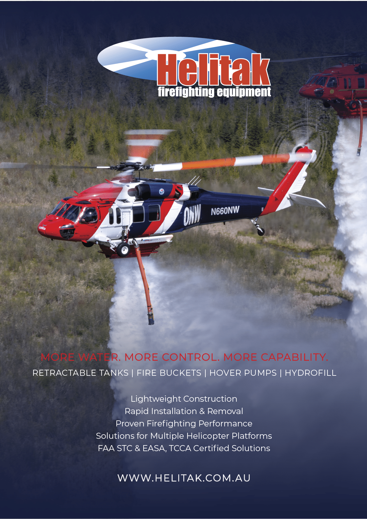 A helicopter equipped with firefighting equipment is releasing water over a forested area with text promoting Helitak firefighting equipment and its features. Description generated by AI