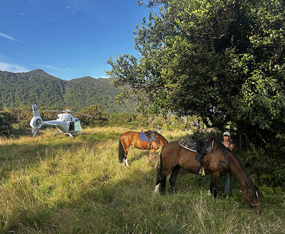 A white helicopter is parked on the ground in front of a forested mountain range under a clear blue sky. Description generated by AI