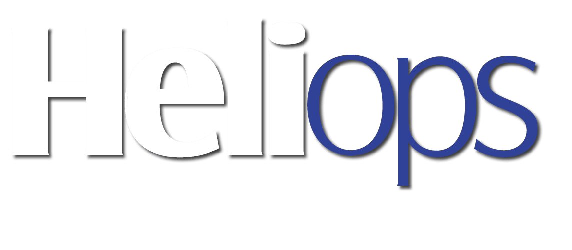 The word “Heliops" is displayed with "Heli" in white with a subtle shadow and "ops" in bold dark blue letters. Description generated by AI