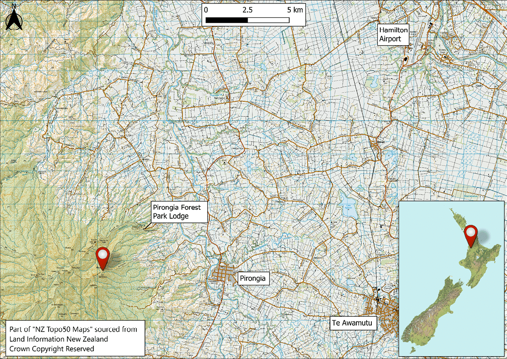 A detailed topographic map showing a marked location in the central region of New Zealand's North Island with labels for nearby areas and an inset map highlighting the country's position. Description generated by AI