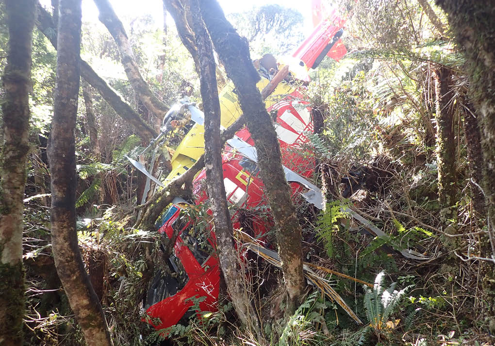 A crashed yellow and red helicopter is entangled among trees in a dense forest. Description generated by AI
