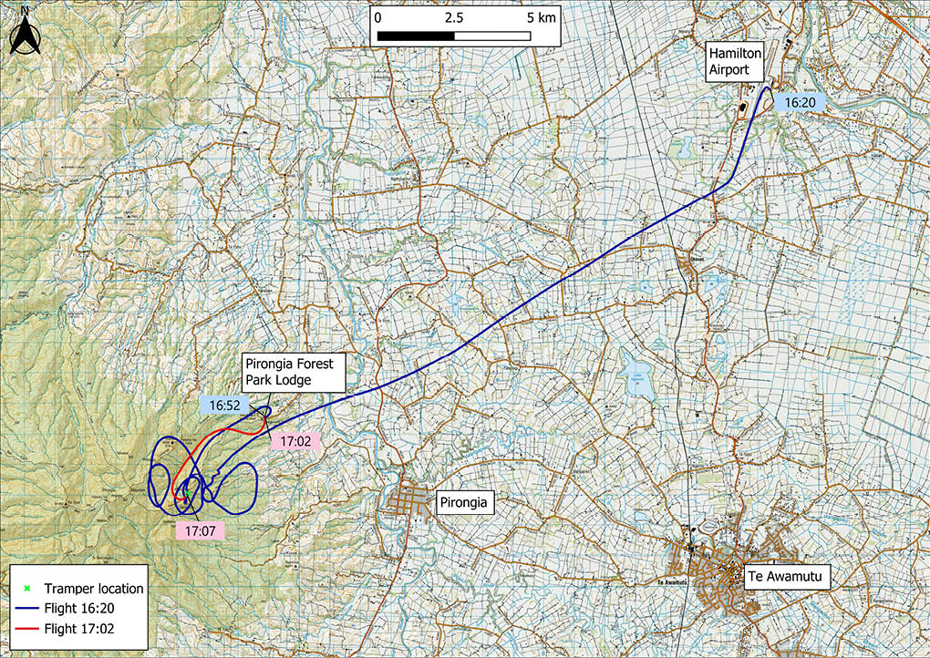 A detailed map showing a flight path from Hamilton Airport to Pirongia Forest Park Lodge with marked times and locations including Pirongia and Te Awamutu. Description generated by AI