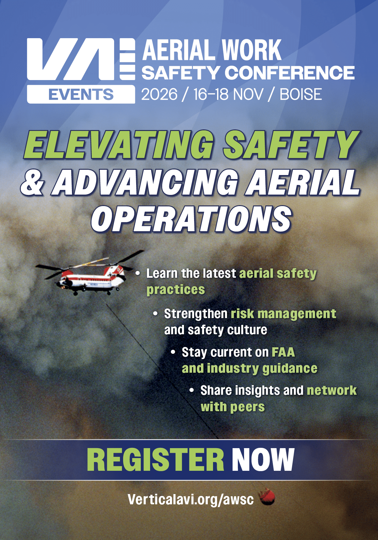 A promotional graphic for the Aerial Work Safety Conference in Boise featuring a helicopter flying over a smoky or cloudy background with text encouraging registration and highlighting safety and risk management topics. Description generated by AI