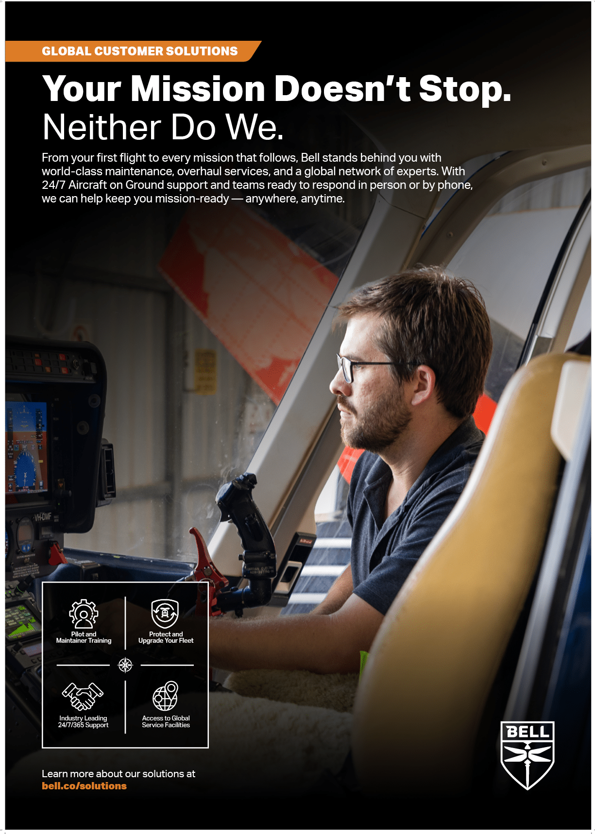 An adult with glasses and short hair is seated inside an aircraft cockpit, focused on operating controls, accompanied by text promoting Bell's global customer solutions and support services. Description generated by AI