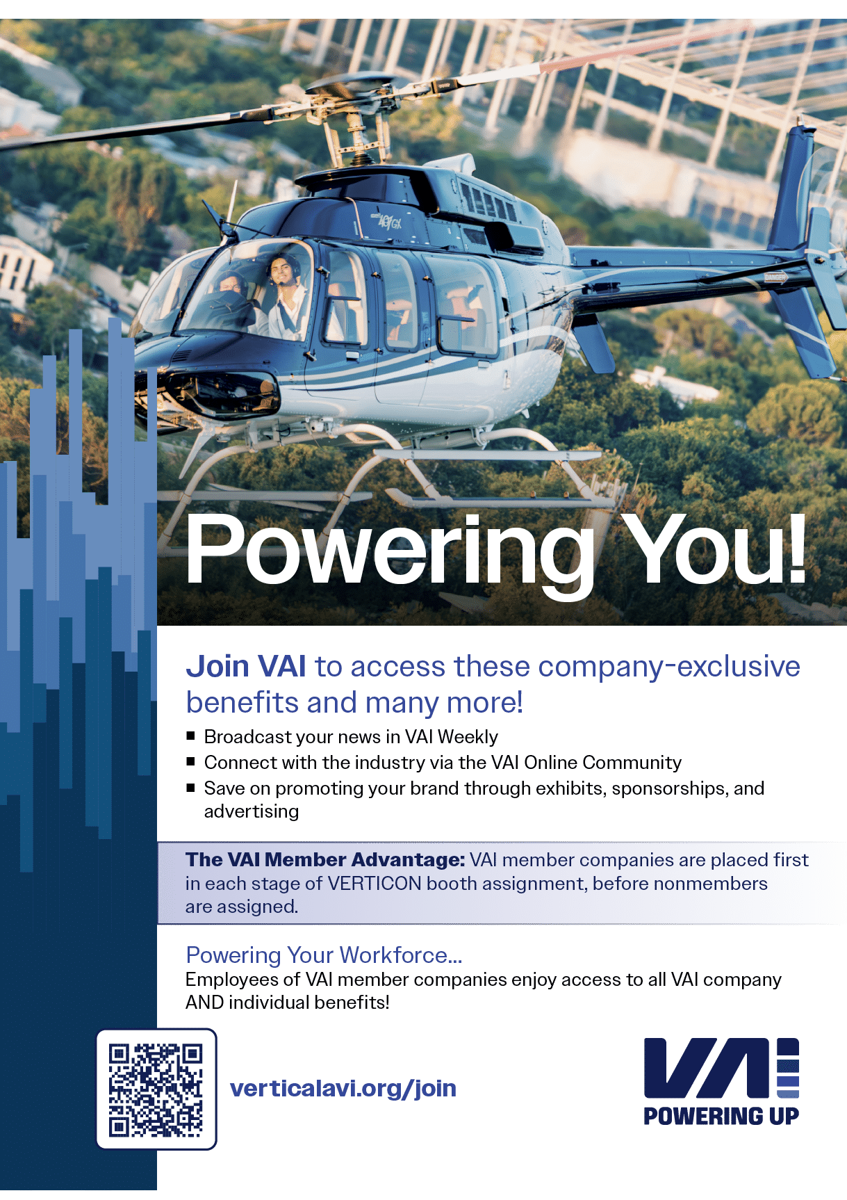 A helicopter flying over a green landscape with a bridge in the background is used as a backdrop for promotional text about joining VAI for exclusive company benefits and workforce access. Description generated by AI