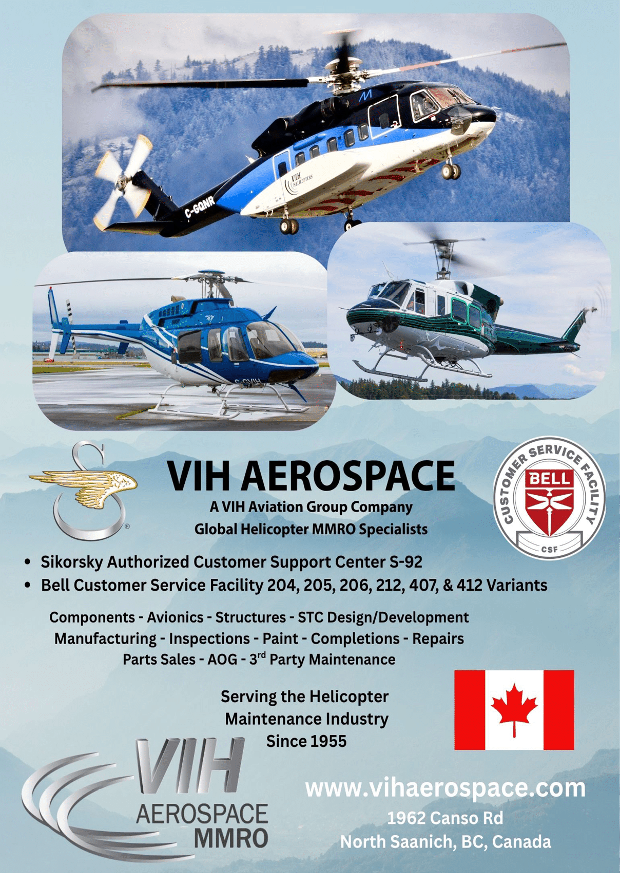 Three helicopters in flight and on the ground are shown above text advertising VIH Aerospace, a helicopter maintenance and support company based in North Saanich, BC, Canada, with a Canadian flag included. Description generated by AI