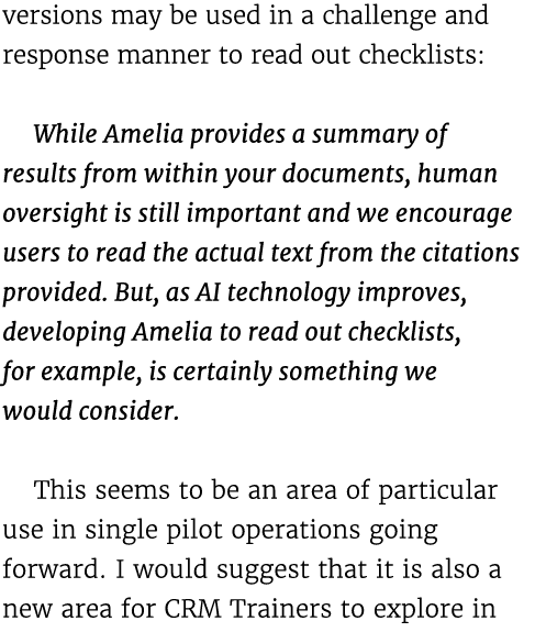 versions may be used in a challenge and response manner to read out checklists: While Amelia provides a summary of re...