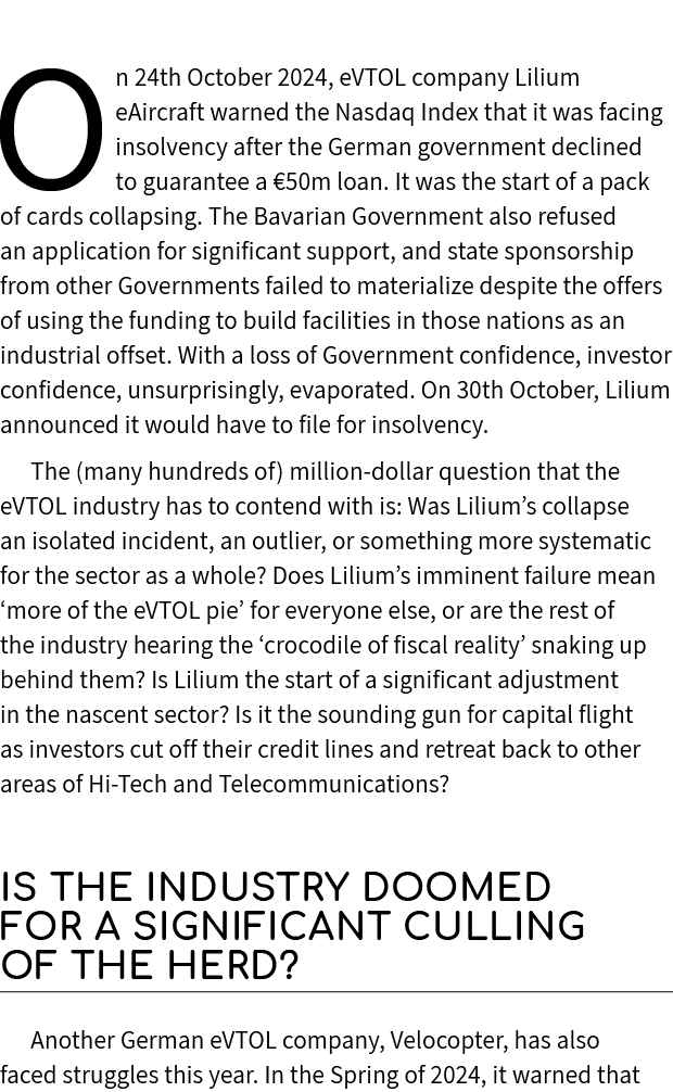 On 24th October 2024, eVTOL company Lilium eAircraft warned the Nasdaq Index that it was facing insolvency after the ...