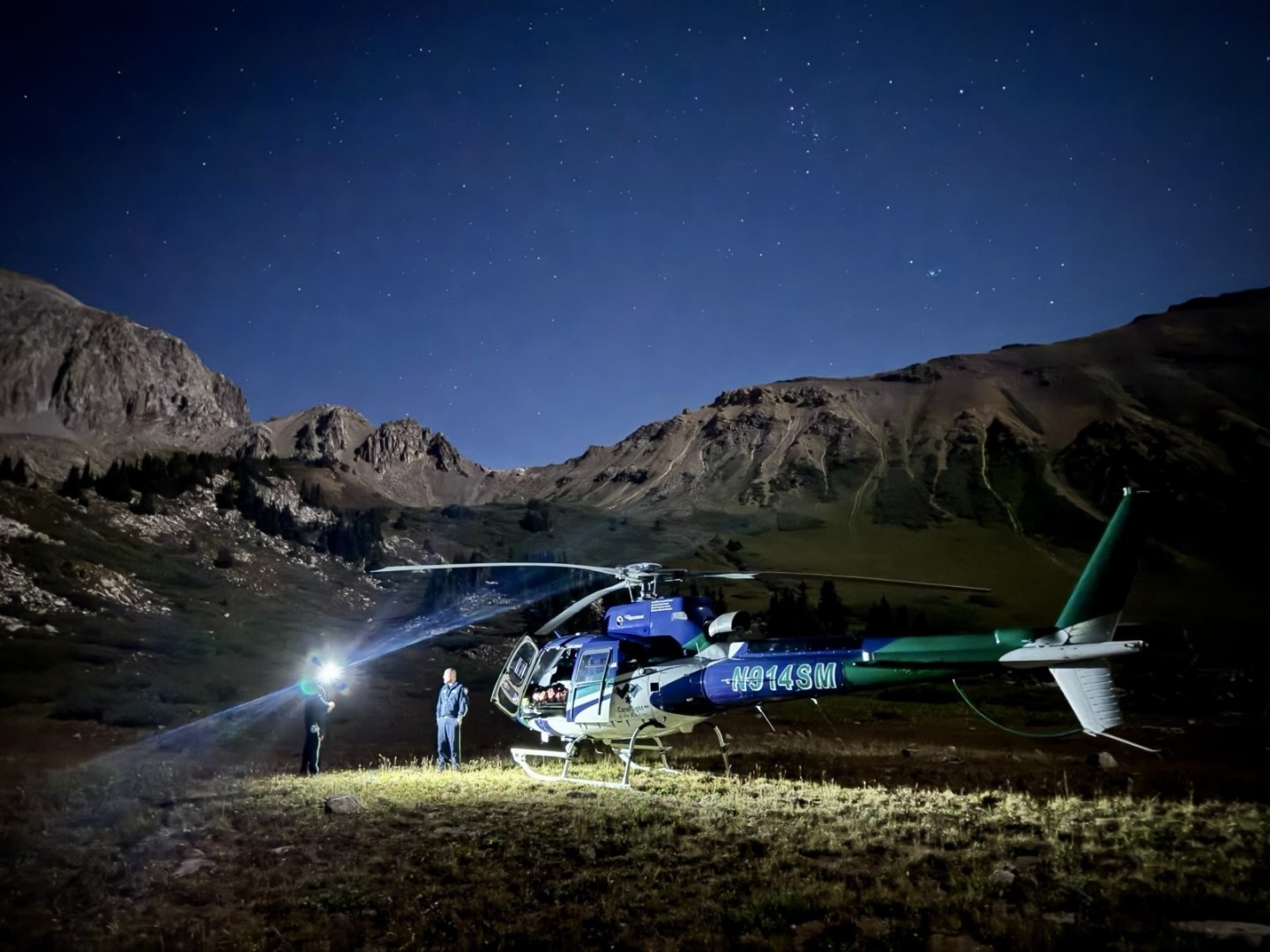 Careflight of the Rockies, midnight scene call in the Maroon Bells near Aspen, Colorado.