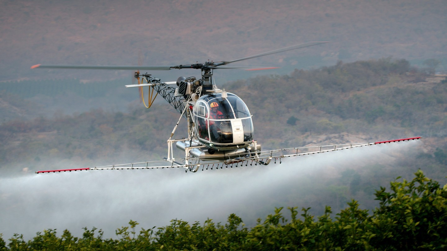 Alouette Lama spraying citrus on 2025-08-13 in the early morning near White River in Mpumalanga Province, South Africa.