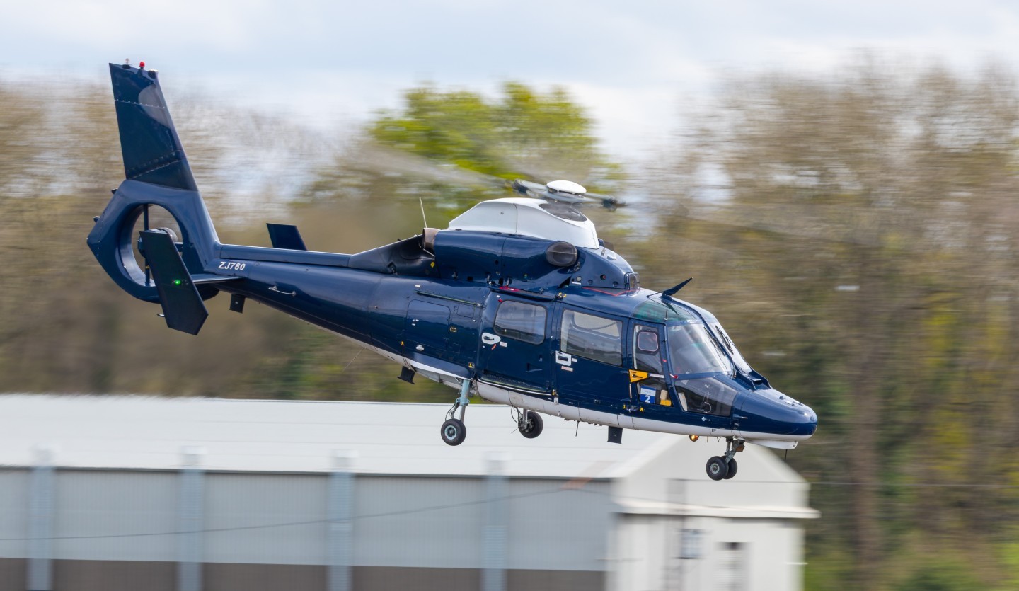 Airbus AS365 Dauphin of 658 Squadron Army Air Corps conducts some circuits at Shobdon Aerodrome on 14th April 2025.