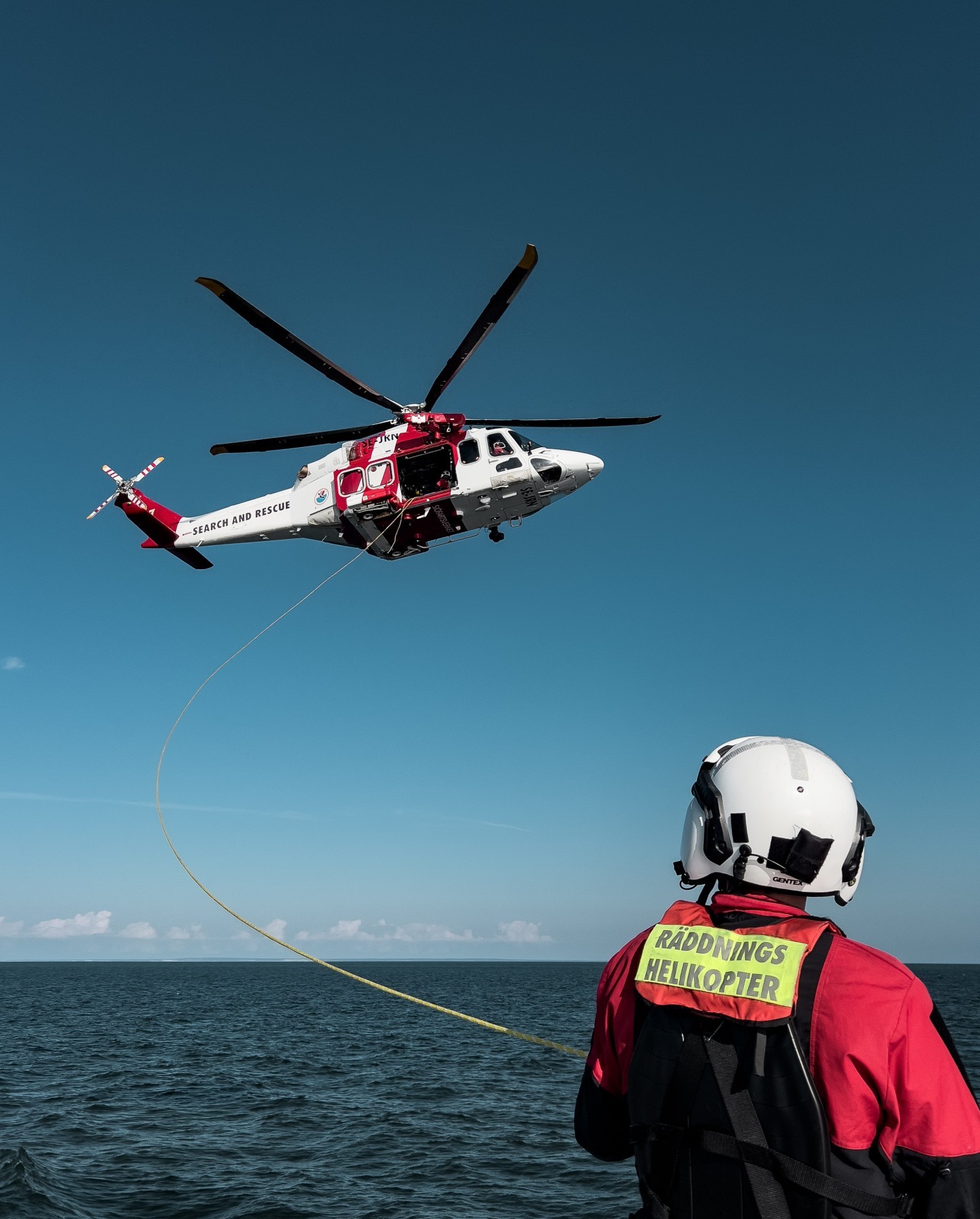 Rescue swimmer holding the "guide-line" during hoist excercise to a vessel in the Baltic sea. Swedish Maritime Administration. A common training sortie that we perform daily.