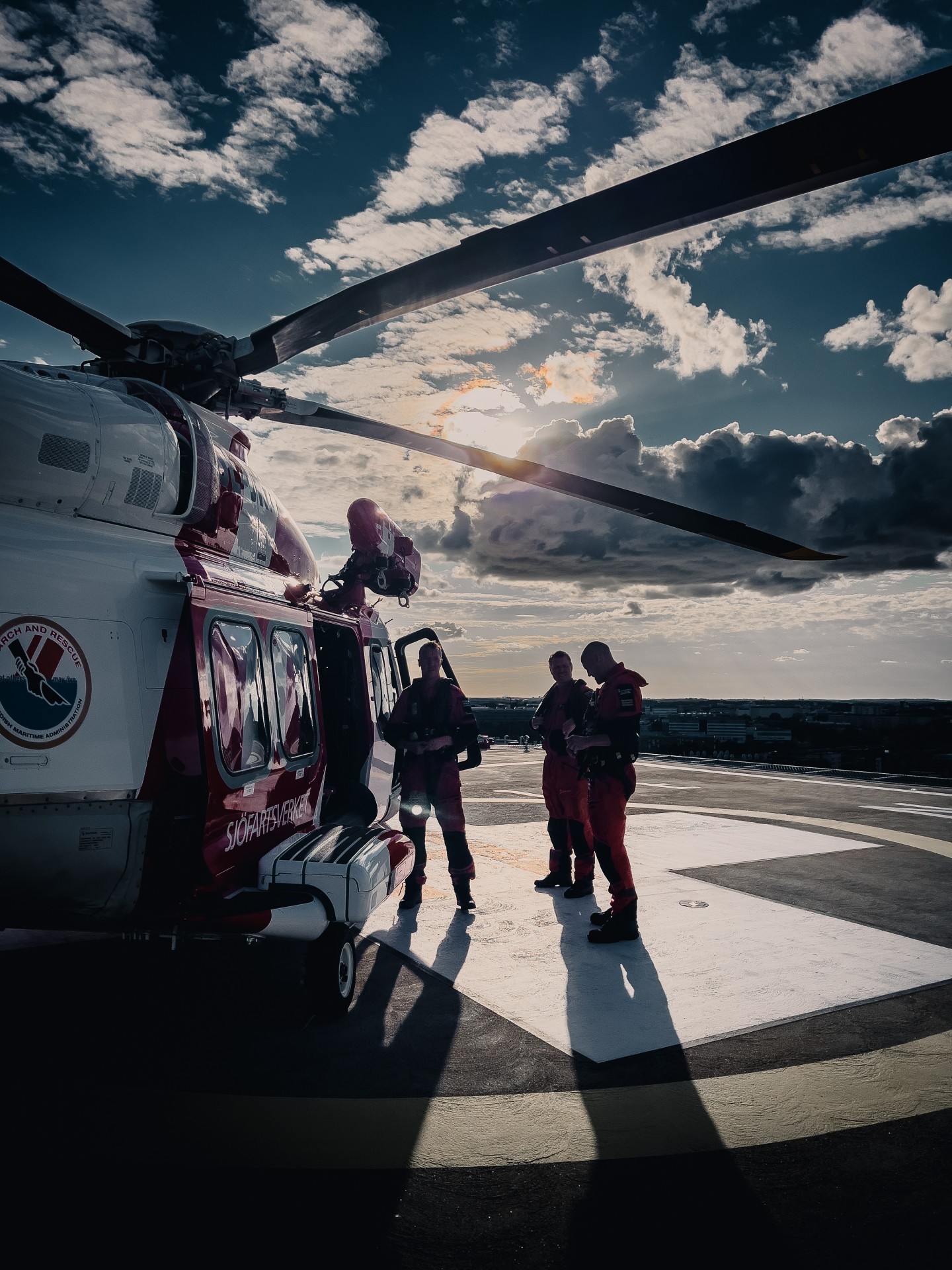 Crew getting ready to head back from a successful medevac rescue mission that ended up at the Karolinska Universty Hospital in Stockholm. A patient with head injuries from a falling accident on board a vessel was hoisted and airlifted back to mainland.