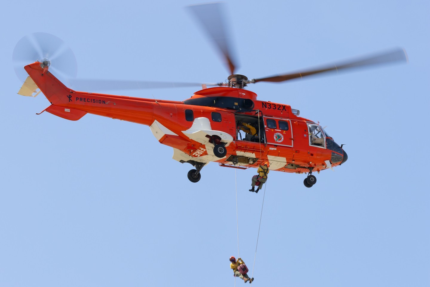Precision Helicopters N332X AS332L1 Super Puma during Fire Reppeller Training at the Wenatchee Valley Reppellers Airbase at Pangborn Memorial Airport.
