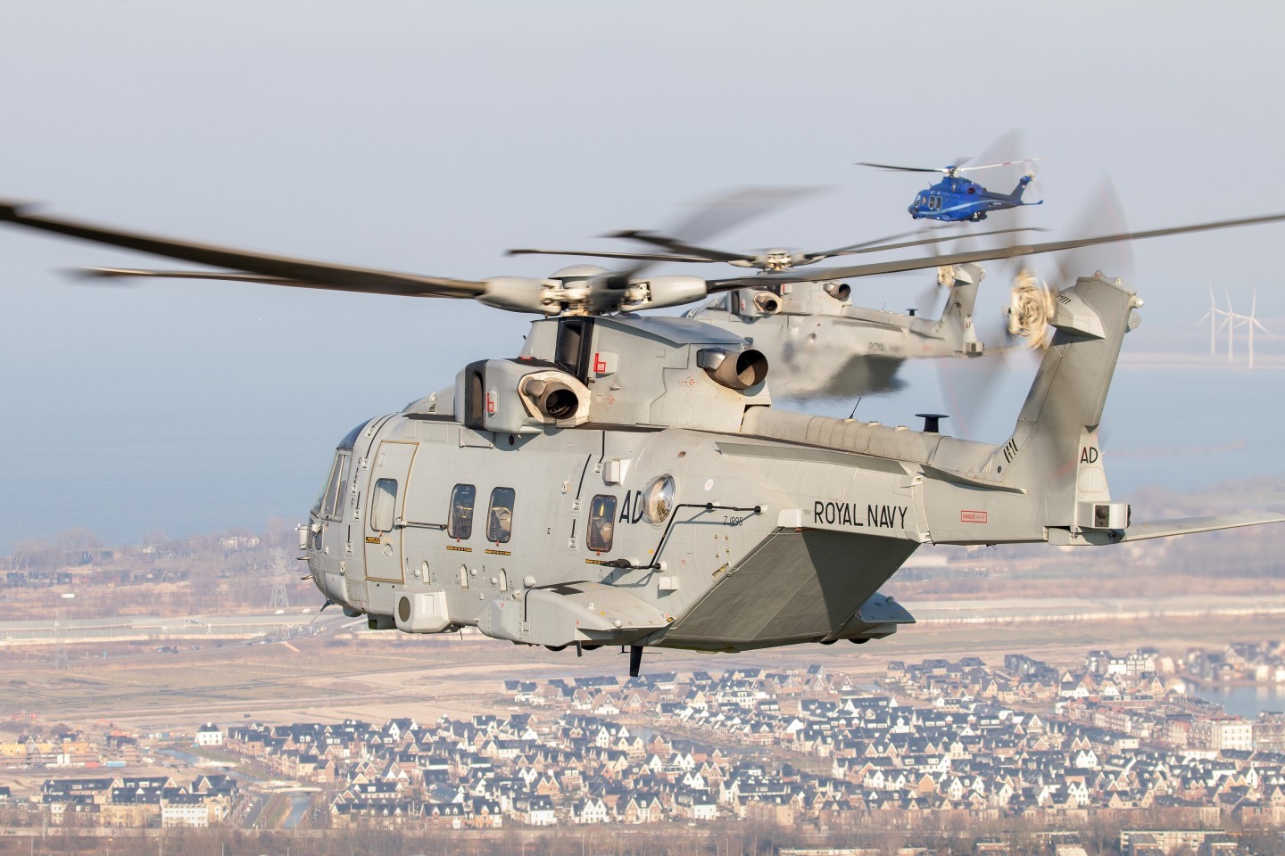 Three Merlins of 846NAS and a Dutch police AW139 are on their way to the target, a coast guard vessel 15 out of the Dutch coast near Amsterdam, to drop off a large force of SOF-operators to train a hostage rescue operation.