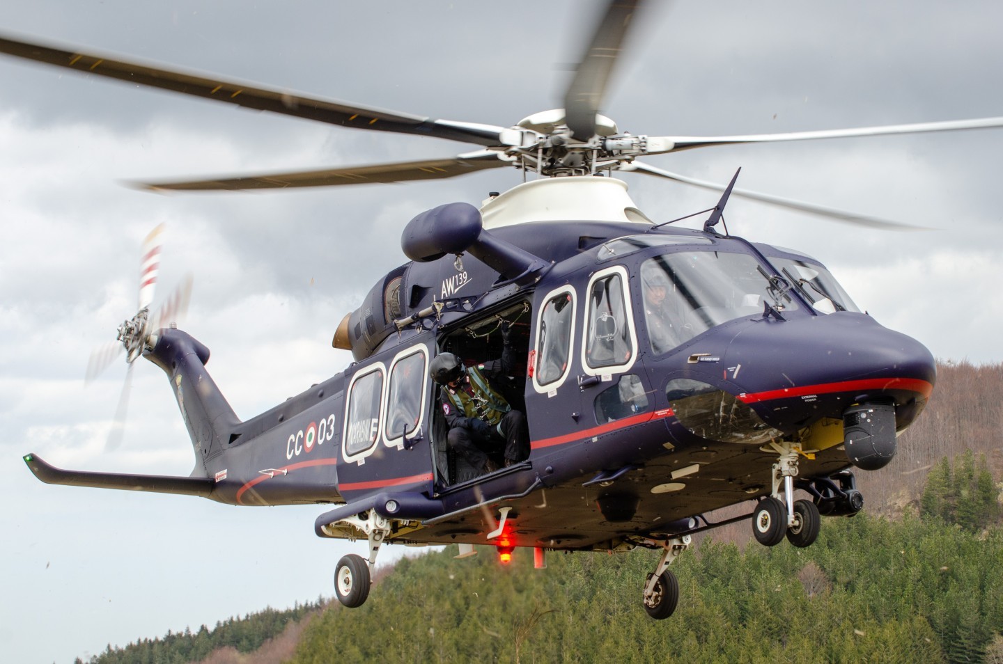 Leonardo AW139 "Carabinieri" call-sign "Fiamma 03" during "SATER 1-25" military exercise with "Soccorso Alpino Emilia Romagna" SAER and Italian Air Force.