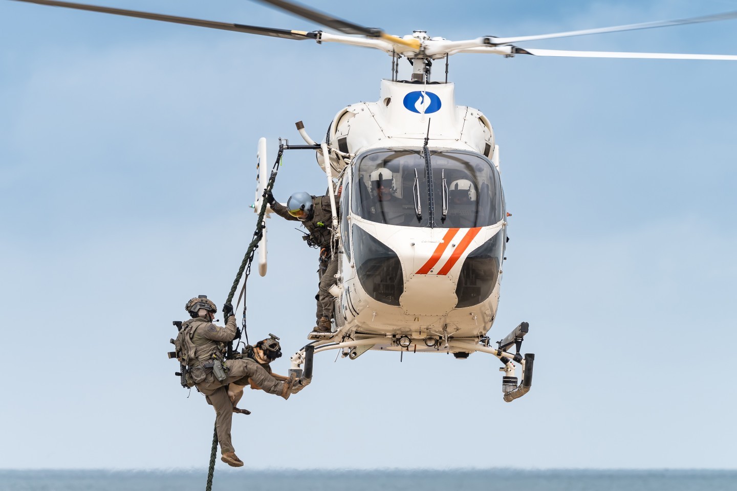 A dog handler of the Belgian Federal Police Special Units is lowered from an MD902 Explorer police helicopter during a demonstration of the Belgian special police units.