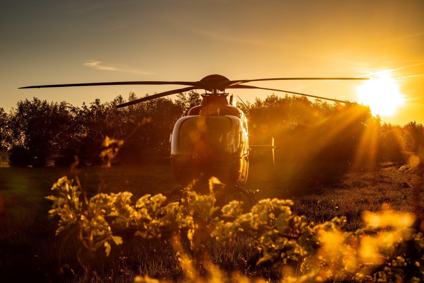 Idyllic scenery at a spring sunset HEMS call for 'Christoph 34' from Güstrow, Germany.