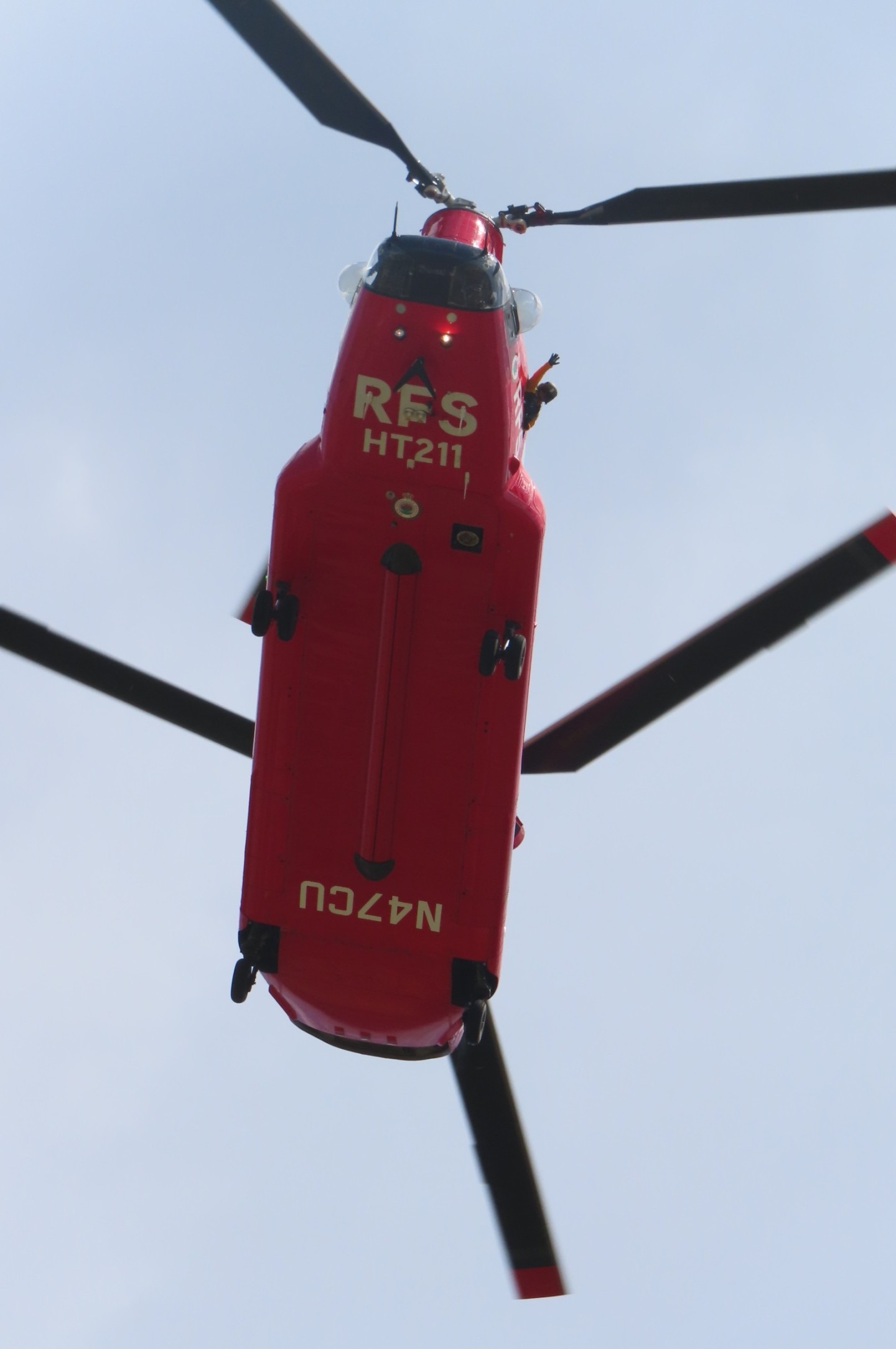 At the Richmond Airshow, the RFS Chinook CH-47 showing the capabilities of this helicopter. Giving the crowd a heart felt wave after the capabilities of this helicopter.