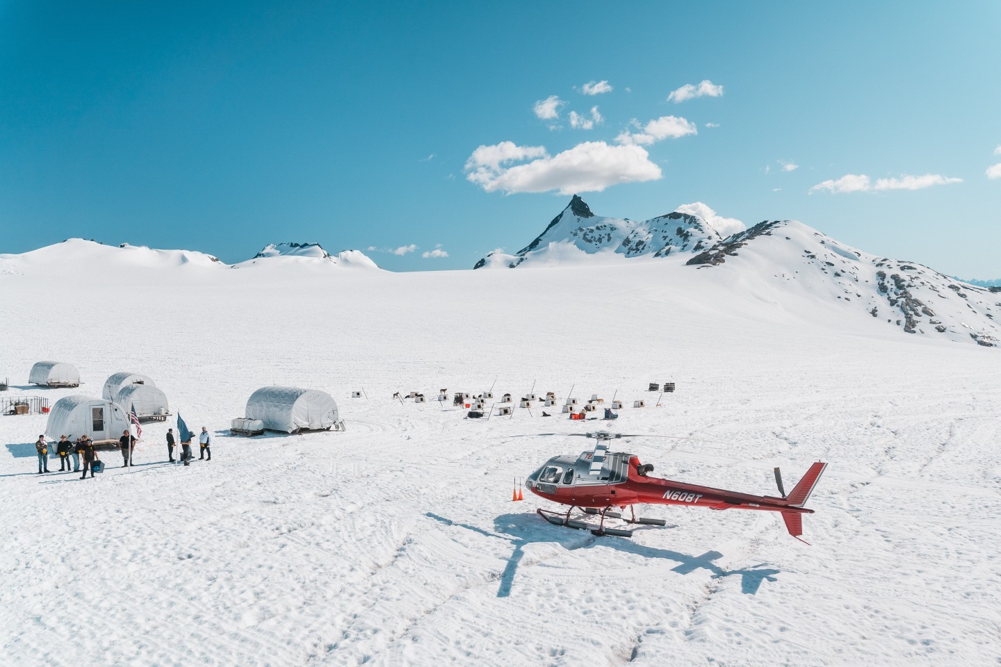 Astar resting on the Denver glacier near the summer sled dog camp. This camp is fully supported by helicopter. Everything that goes up, must come down at the end of season.