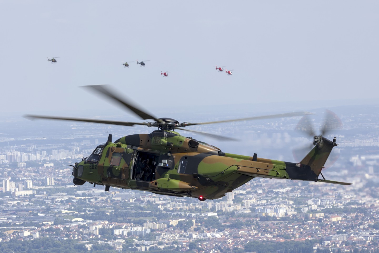 20250709 French Armee de Terre ALAT NH90 helicopter during a formation flight south of Paris during the Bastille rehearsals, the NH90 was one of the last helicopters in the flight