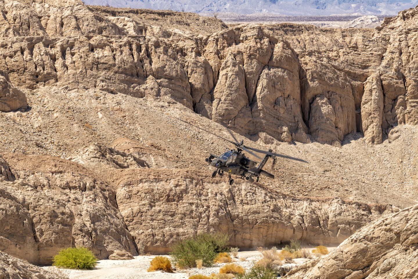 I wanted more of an environmental shot of the Army AH-4 Apache Attack helicopter from the 4th Battalion, 6th Cavalry flying through this beautiful canyon in Anza-Borrego Desert State Park.