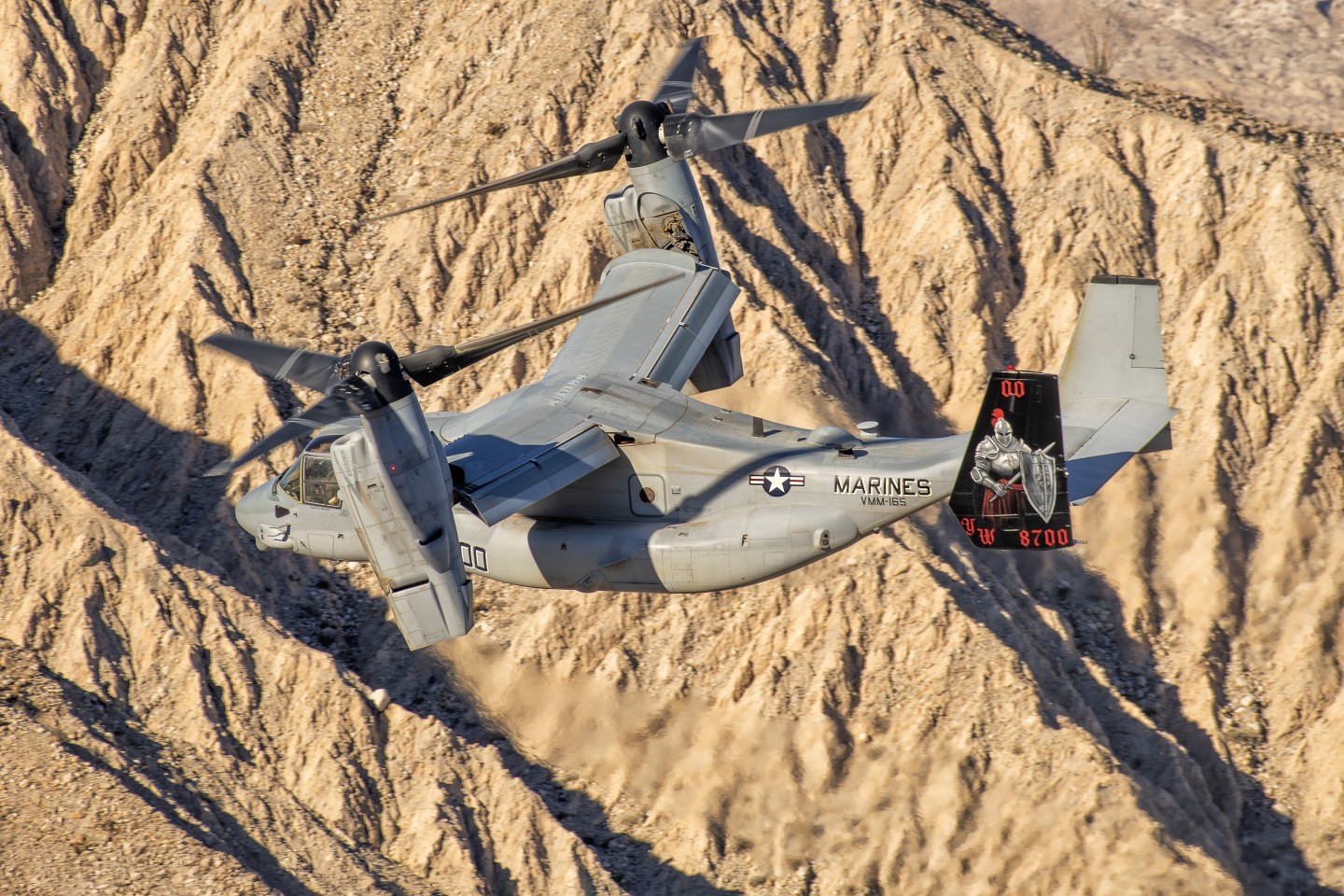 We set up a photo shoot with VMM-165 White Knights/Lady Aces newly painted color bird in a remote canyon in Anza-Borrego Desert State Park.  This photograph really highlights the beautiful design on the tail created and painted by Shayne Meder. Dave Nenna assisted her in the painting.