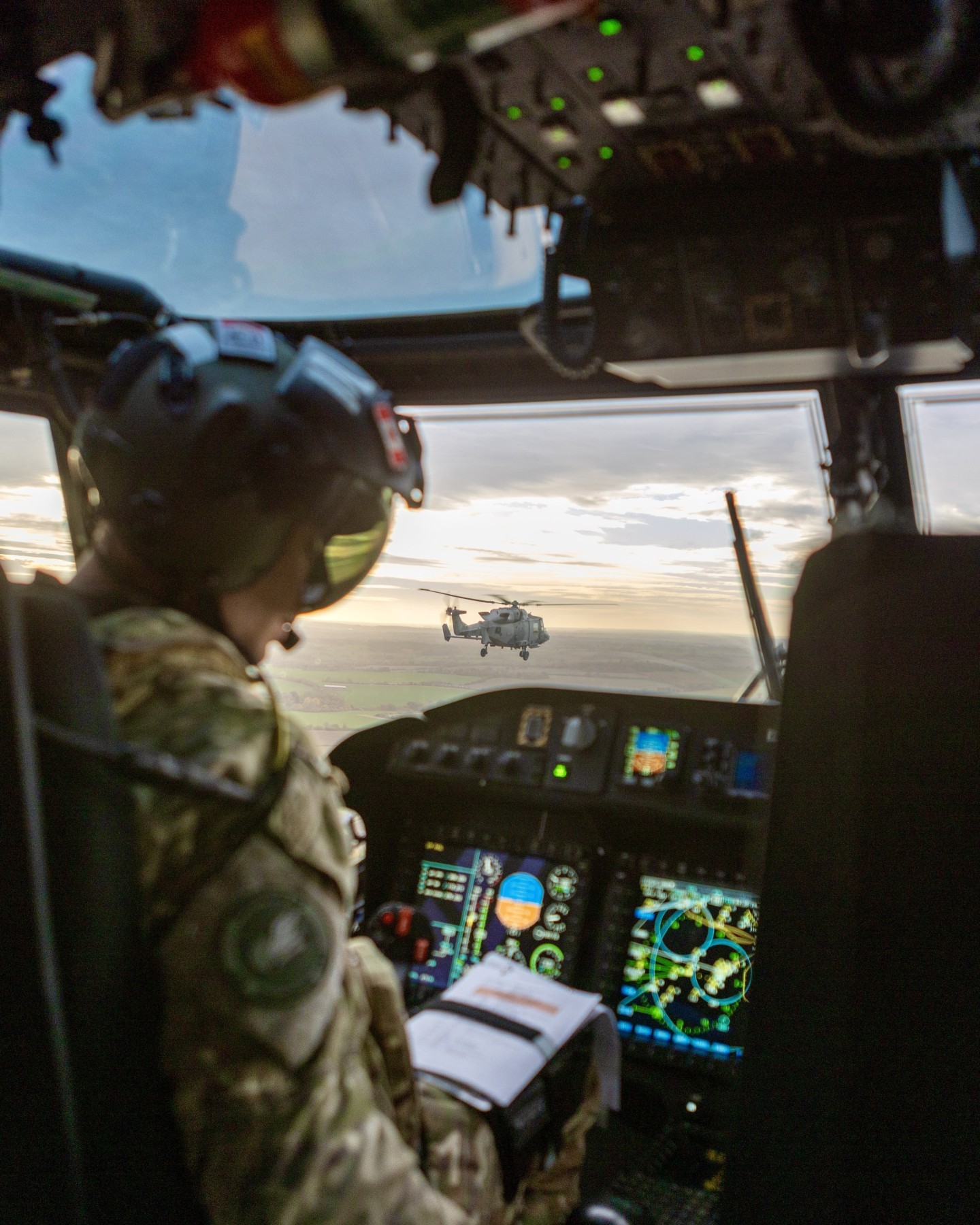 On board the “elephant walk” with 25 military aircraft in formation. Taken from an Army Wildcat helicopter looking forward to another Wildcat