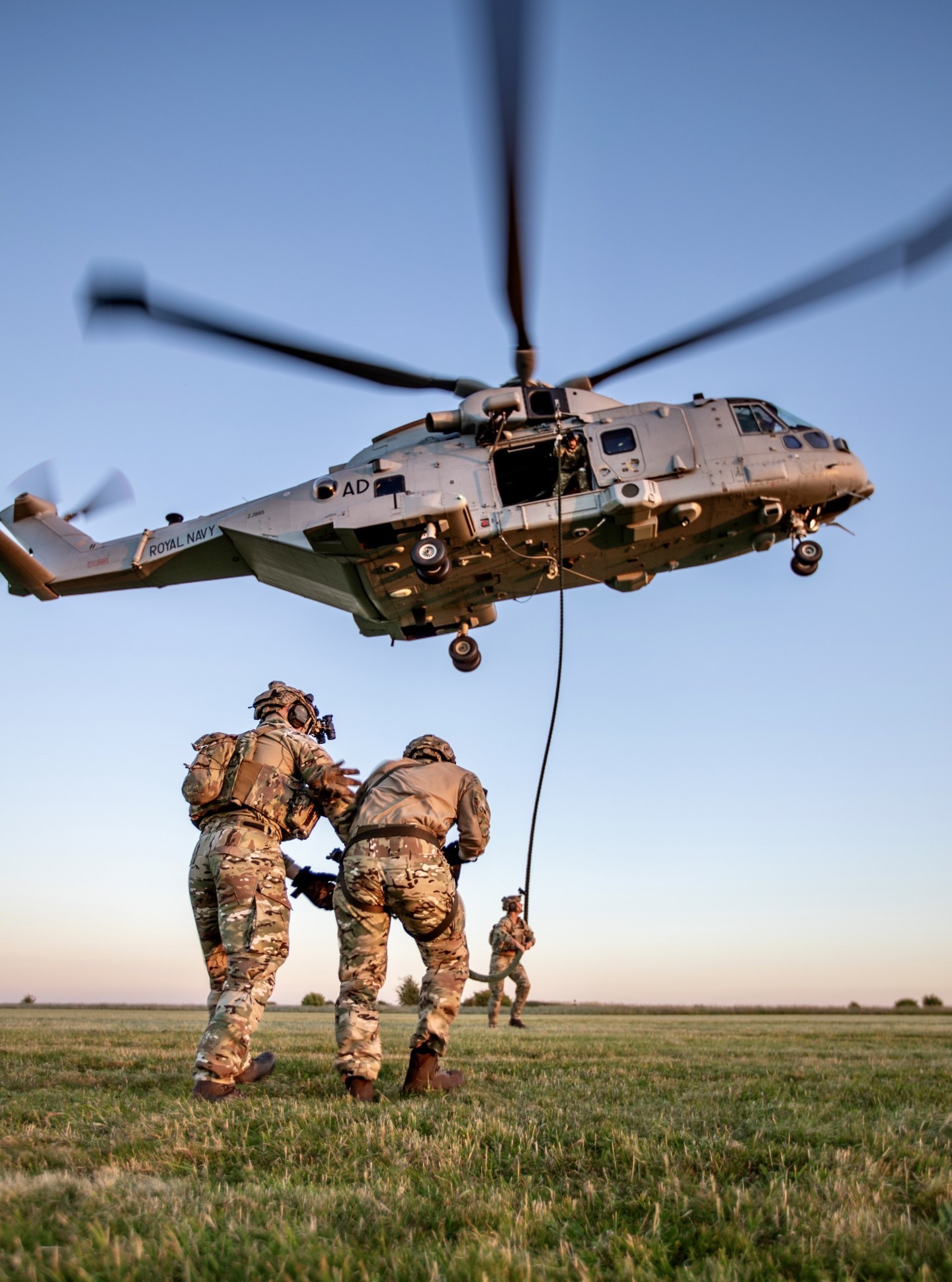 MAOT practicing fast rope training over Salisbury plane from a Royal Navy Merlin