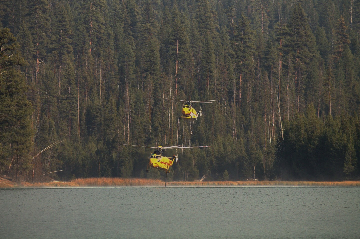 Two Croman S-61 Helicopters refilling their water