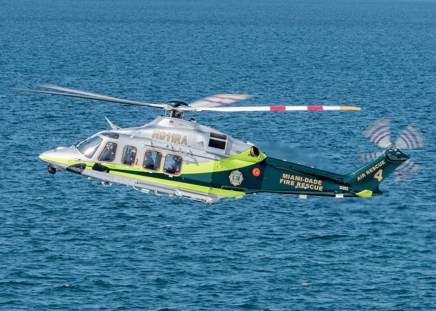 Miami Dade Fire Rescue's Air Rescue 4 is seen posing for a shot during a recent rescue diver training at Government cut near Miami Beach Florida