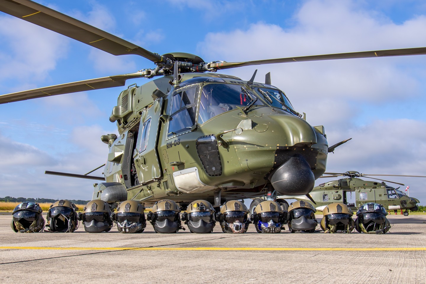 a lineup of helmets from the final crews of the 18 Squadron - Ares flying on the Belgian NH-90TTH, weeks before the retirement of the type within the Belgian Air Force. the type was retired at the end of August this year.