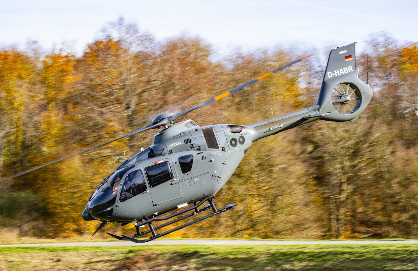 D-HABR, Airbus H135. This helicopter is used by the German "Bundeswehr". The Picture is taken during a training flight in Germany. Here u can see him taking off after a Dam-landing