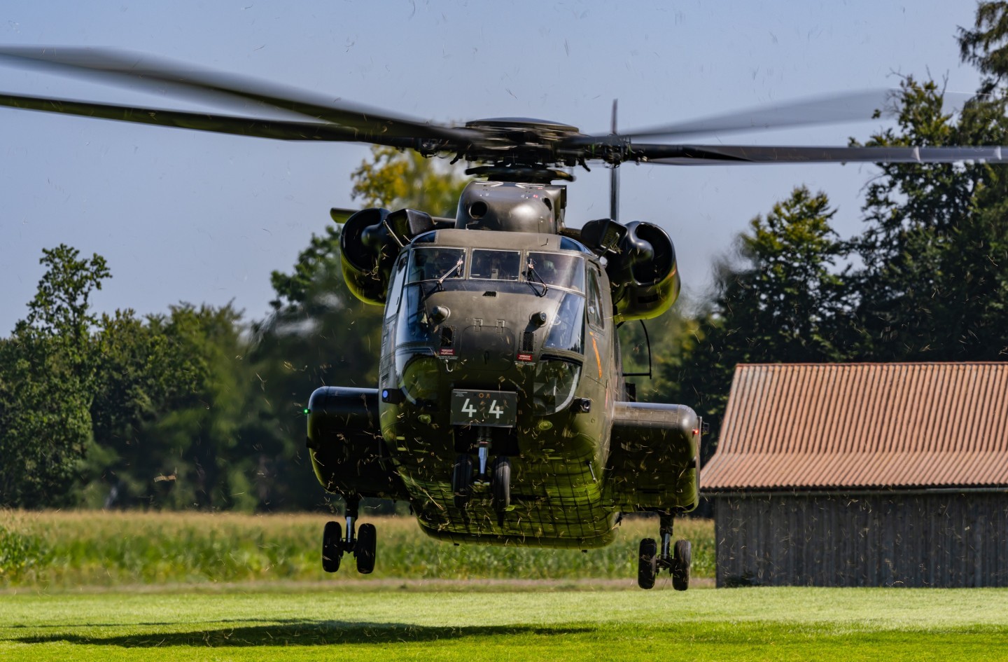 84+44, CH53 , during a show in southern Germany. The Helicopter was in a static Display for a group of Children. Here u can see it taking off, back to the base at Lapuheim
