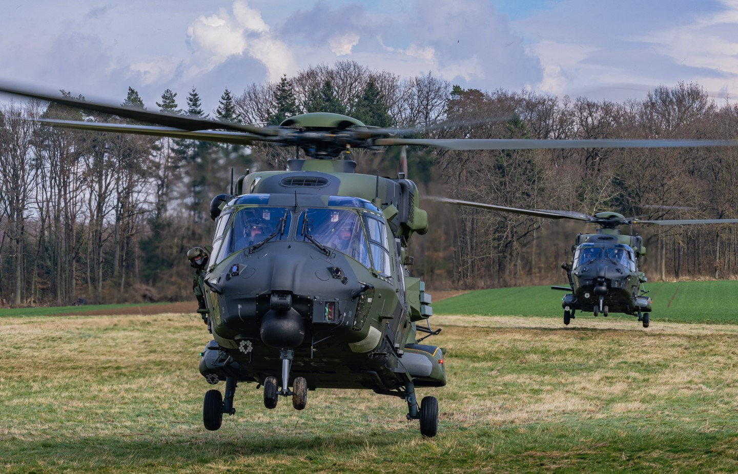Nato Helicopter NH90 of the Bundeswehr during a training in Germany. The Helicopters are based at Niederstetten. It was a 4-Ship Formation. Here u can see 2 of the 4 during takeoff