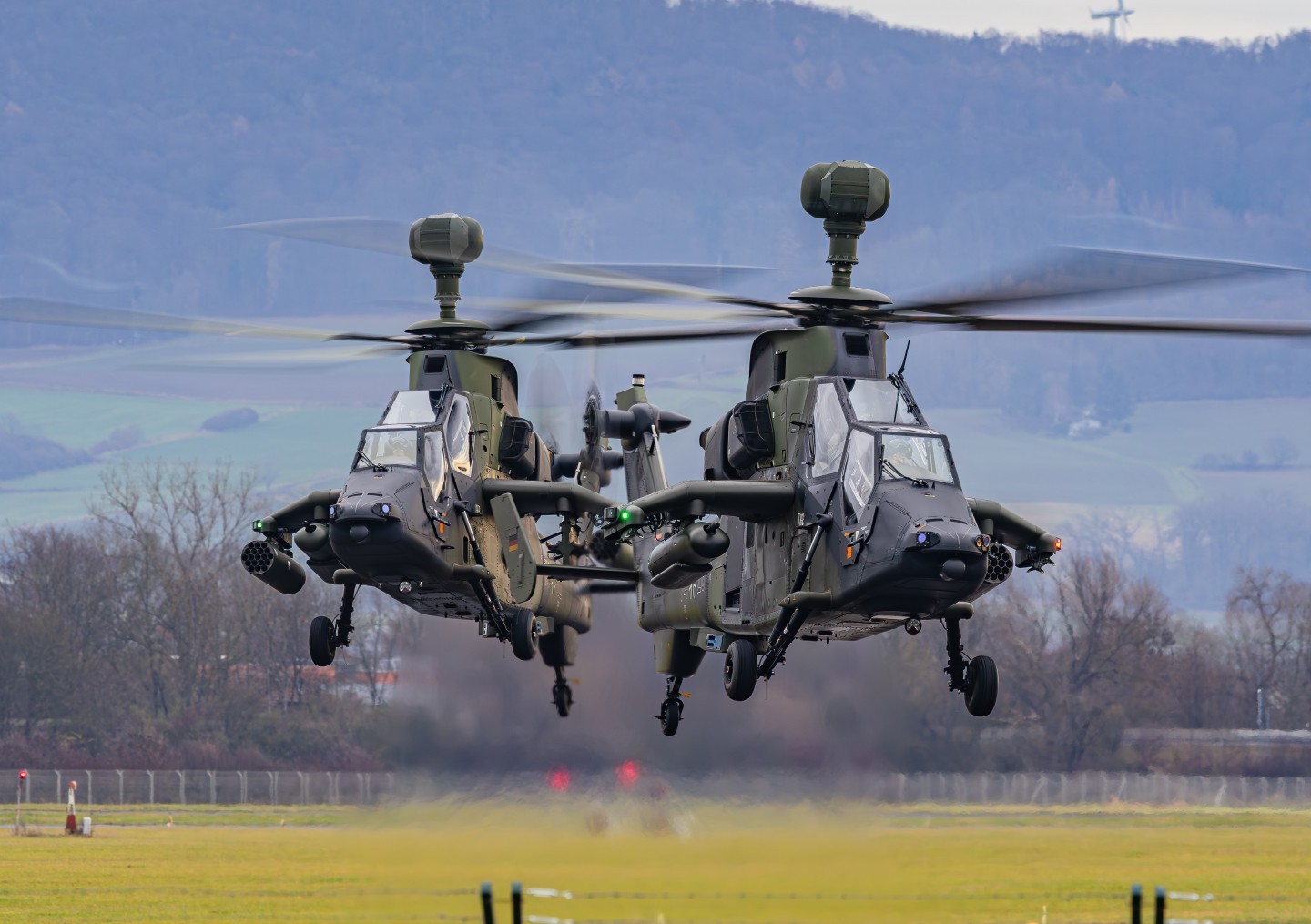 End of the Year Formation of the German "Kampfhubschrauberregiment 36" in Fritzlar. 2 EC665 Tiger Helicopters landing at the Airfield of Firtzlar. The belong to a Formation of 12 Tiger Helicopters