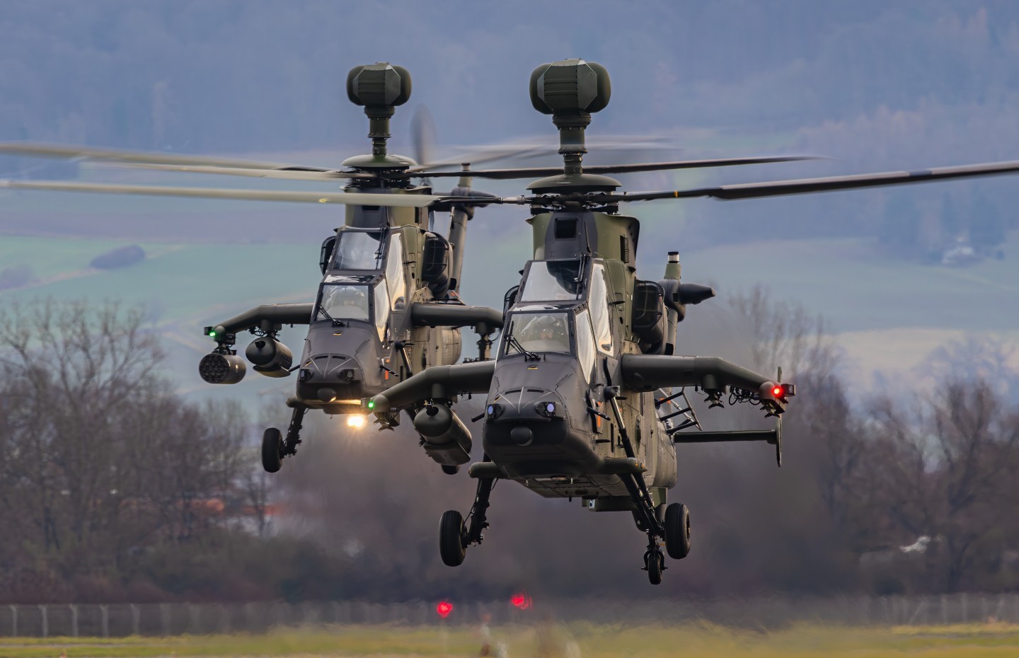 End of the Year Formation of the German "Kampfhubschrauberregiment 36" in Fritzlar. 2 EC665 Tiger Helicopters landing at the Airfield of Firtzlar. They belong to a Formation of 12 Tiger Helicopters
