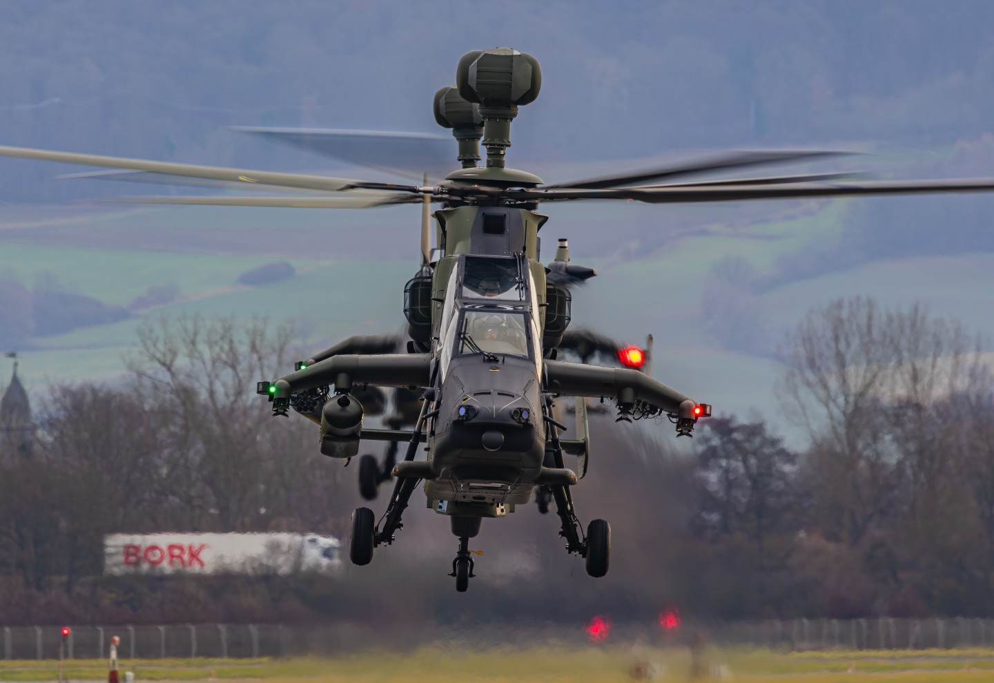 End of the Year Formation of the German "Kampfhubschrauberregiment 36" in Fritzlar. 2 EC665 Tiger Helicopters landing at the Airfield of Firtzlar. They belong to a Formation of 12 Tiger Helicopters