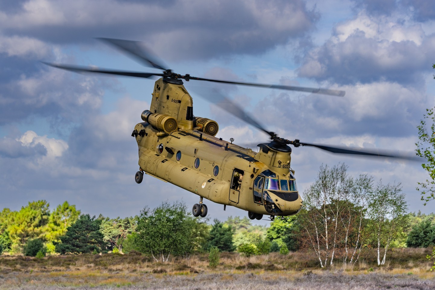 D-605 CH47 Chinook of the Royal Netherland Air Force during a training flight in the low flying area GLV5. Here u can see the helicopter taking off after a landing in the Heide