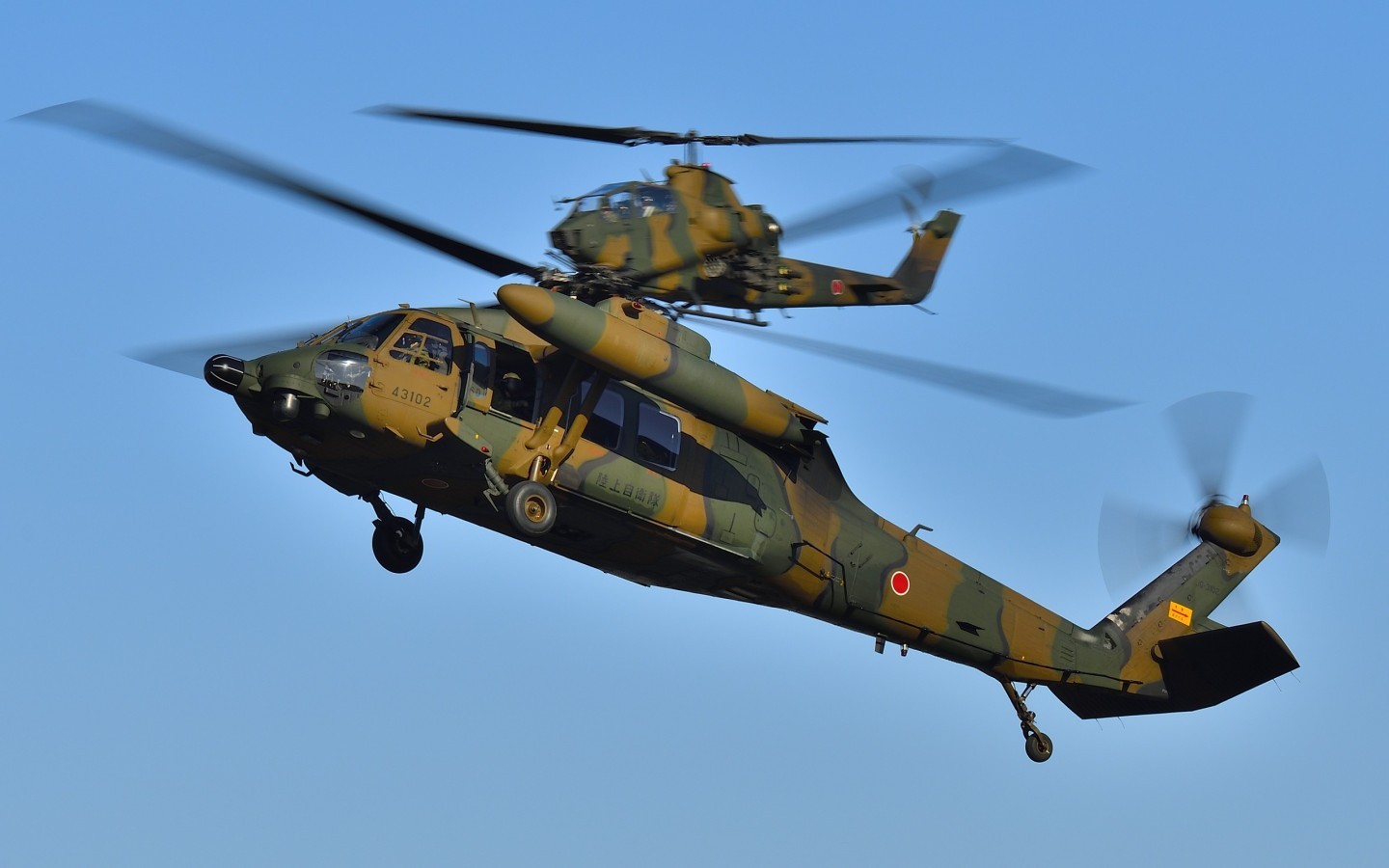 UH-60JA was passing in front of escorting AH-1S in combat demonstration in Akeno Airshow.
Camp Akeno is one of the primary Helo bases in Japan.