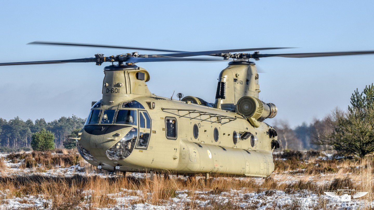 Royal Netherlands Air Force Chinook D-601 at GLV 5 during the winter.