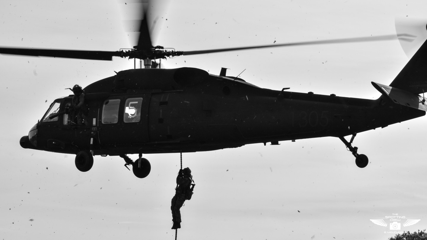 Polish Black hawk S-70I 130 in a fast rope exercise during an operation at the citadel, together with Belgian 3 para members and Maot.
